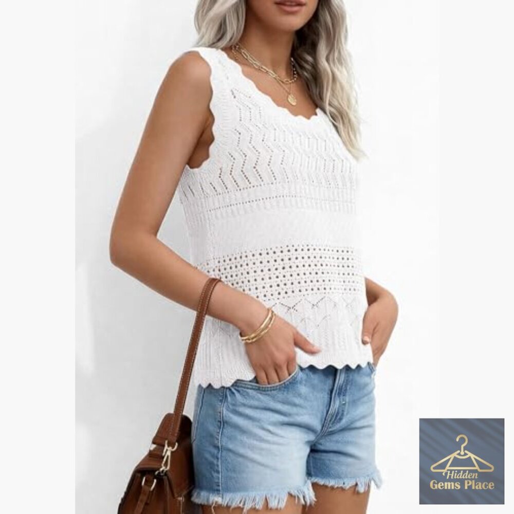 Crochet Tank Top Sleeveless Sweater Vest Boho Beach Vacation Wear - Picture 3 of 7